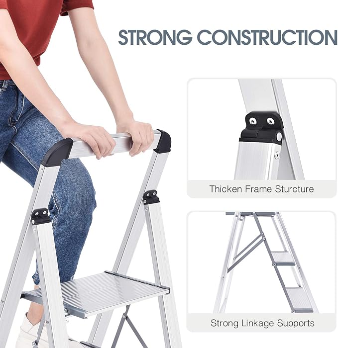 KINGRACK Aluminium 3 Step Ladder, Lightweight Step Stool with Non-Slip Pedals, Handrail, 330 LBS Foldable Step Ladder for Kitchen, Garage, Home, Space Saving, Sturdy and Portable, Silver - Image 5