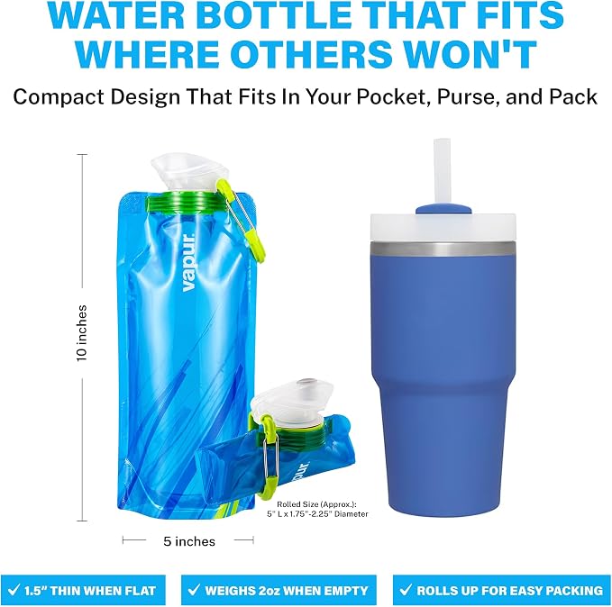 Vapur Collapsible Water Bottle with Carabiner - 23oz (0.7L), Water Blue - Flexible, Lightweight Water Bottle for Travel, Concert, Hiking, and Outdoor Adventures - BPA-Free, Dishwasher-Safe, Freezable - Image 4