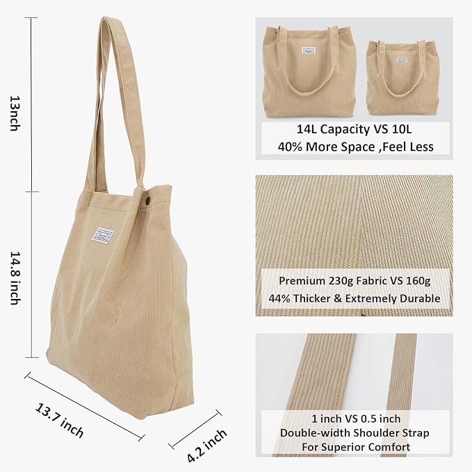 UERRUAM Corduroy Tote Bag for Women with Inner Pockets, Cute Go-to Bag | Slouchy Shoulder Bag for Everyday, Work, Books, Beach & Grocery Shopping, Lightweight Washable Foldable, Cloth Purse - Image 5