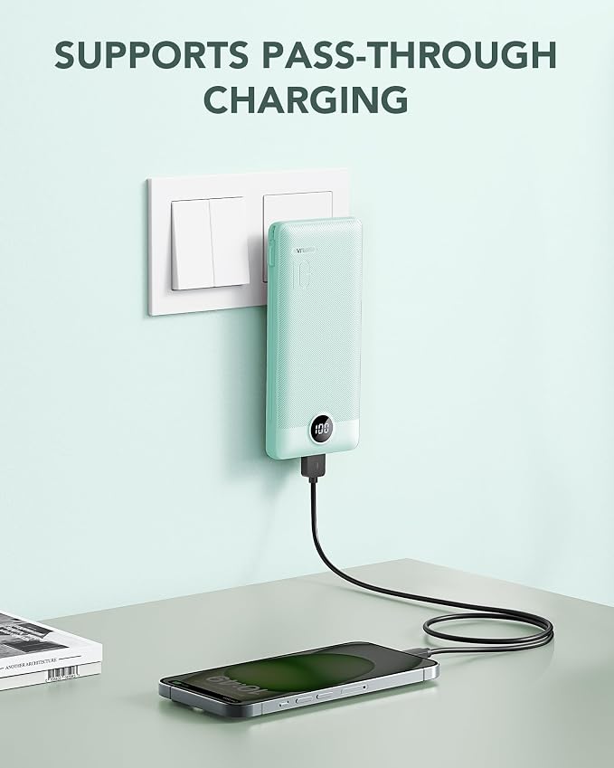 VRURC Portable Charger Built-in Cables and AC Wall Plug, USB C Power Bank 10000mAh, Travel Battery Portable Phone Charger Compact Lightweight External Battery Pack for Smart Phones, Tablets etc-Green - Image 2