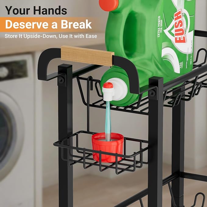 AOODA Laundry Room Cart with Top Detergent Holder, Metal Rolling Storage Cart Between Washer and Dryer, 3 Tier Narrow Laundry Room Organization and Storage with Wheels (Pure Black) - Image 3