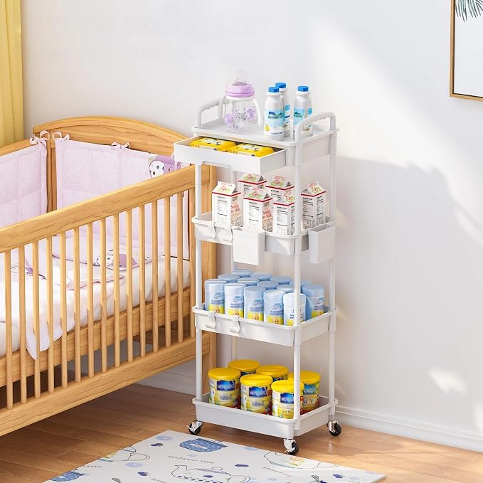 4 Tier Rolling Utility Cart with Drawer, Plastic Storage Organizer Rolling Carts with Wheels Handles Hanging Cups Hooks for Office, Bathroom, Kitchen,Craft Art Room (White) - Image 7