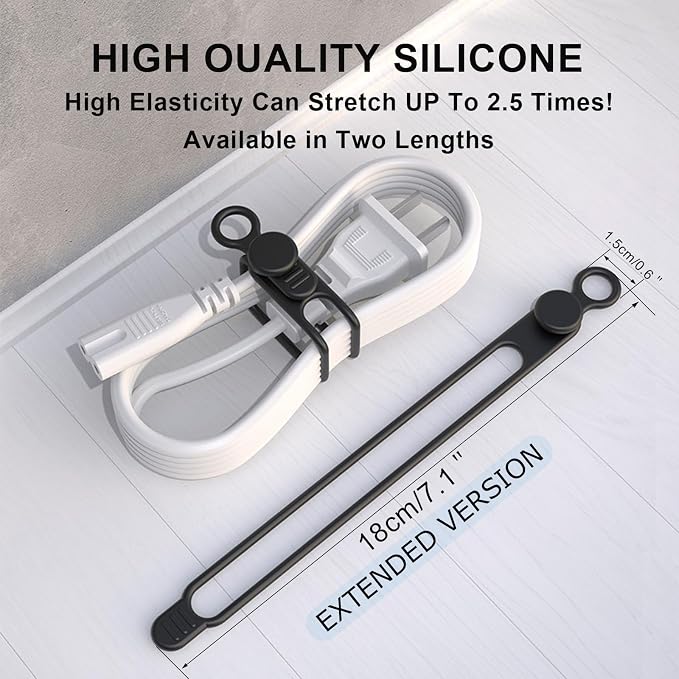 UMUST Silicone Cable Straps, 10pcs Extra-Long Reusable Hanging Organizer for Cables, Kitchen, Home, School (Black & White) | Reusable Cord Ties, Cable Strap Tie for Bundling Electronics Wire,Home Office Travel Essentials Accessories 7.1inch - Image 2