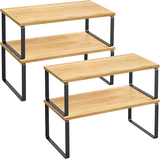 SONGMICS Cabinet Organizer Shelf, Set of 4 Spice Rack, Kitchen Storage | Kitchen Storage, Spice Rack, Steel and Bamboo, Light Bamboo and Matte Black, BYSTRO Collection UKCS210B01 by Unknown