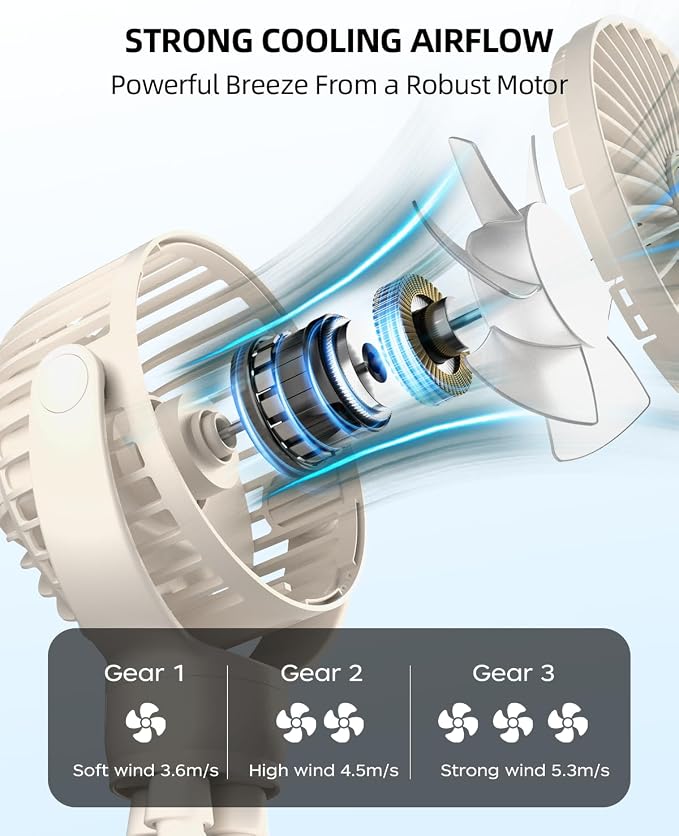 Portable Stroller Mini Fan, Small Rechargeable Personal Fan, Travel Essentials for Baby, Wagon, Car Seat, Treadmill, Battery Powered Biking Gear Accessories, 360° Rotation, 3-Speed, Display, Beige - Image 3