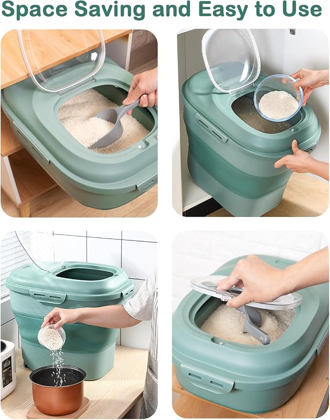 20-50 Lbs Food Storage Containers,Collapsible Rice Container with Wheel Airtight Locking Lid,Flour Storage Container with Small Food Jar and Scoop,Suitable for Food,Rice,Pet Food,Flour - Image 5