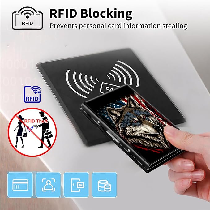 Metal Wallet,Credit Card Holder for Women Men,RFID Blocking Card Holder Wallet Mini Slim Aluminum Wallet ID Case Hard Card Case Business Card Holder Case,Flag Wolf - Image 3