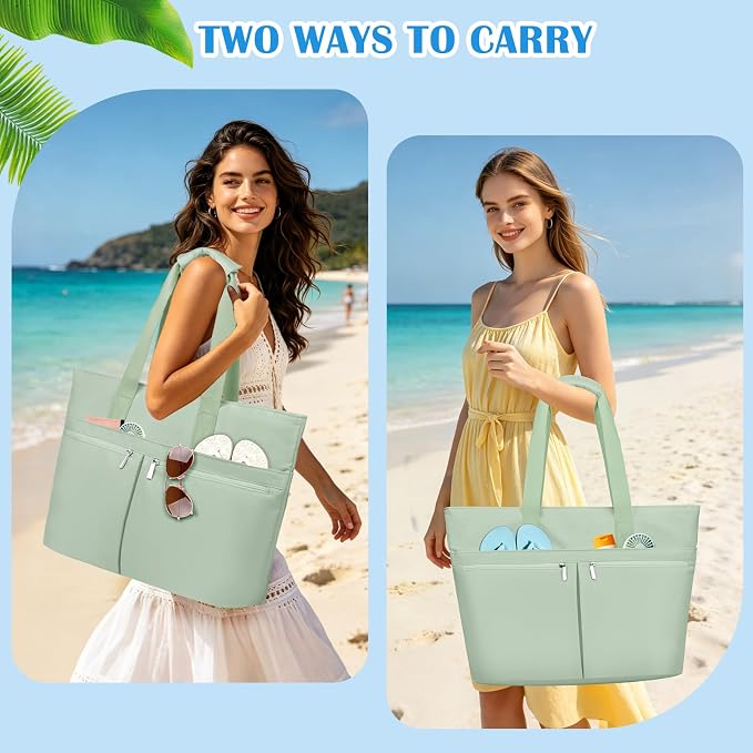 HUANLANG Large Beach Bags for Women Pool Bag with Zipper, Waterproof Sandproof Beach Tote Travel Bag with Wet Pocket - Image 9