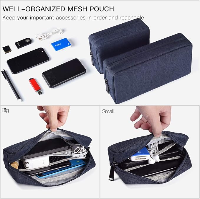 2-Pack Portable Storage Pouch Bag, Universal Electronics Accessories Case Cable Organizer Compatible with Hard Drive, Laptop Mouse, Power Bank, Adapter, Cellphone, Cosmetics (Small+Big-Navy Blue) - Image 3