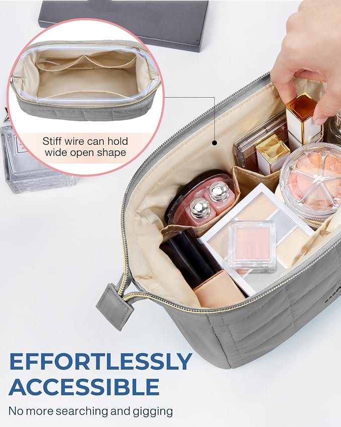 BAGSMART Makeup Bag Travel Toiletry Bag, Puffy Padded Make Up Bags for Women Makeup Organizer Case, Wide-open Pouch Purse Travel Essentials Toiletries Accessories Brushes, Gray - Image 4