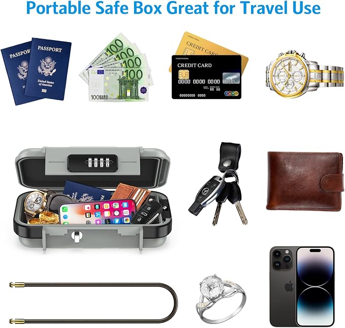 AMIR Portable Safe Box, Combination Security Case LockBox with Code, Waterproof Anti-Theft Mini Travel Safe Box with Removable Chain, Security Box for Home,Office, Grey - Image 7