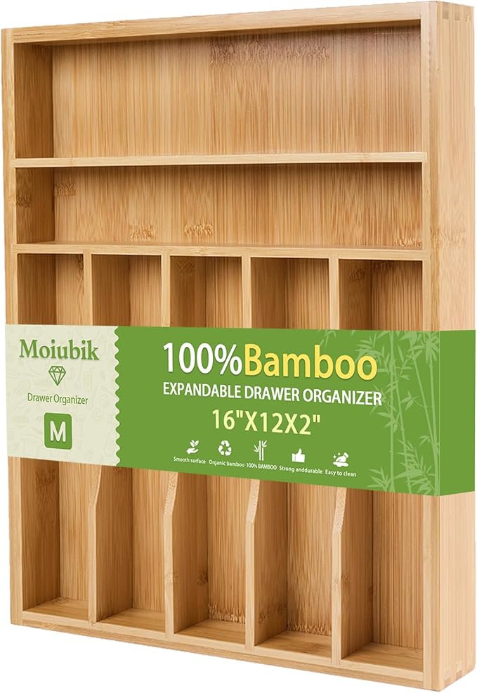 Bamboo Expandable Silverware Drawer Organizer, Adjustable Utensil Tray Cutlery Holder for Kitchen Drawer, Flatware Storage Organizer for Spoons, Forks and Knives, Natural (7 Slot,) by Moiubik