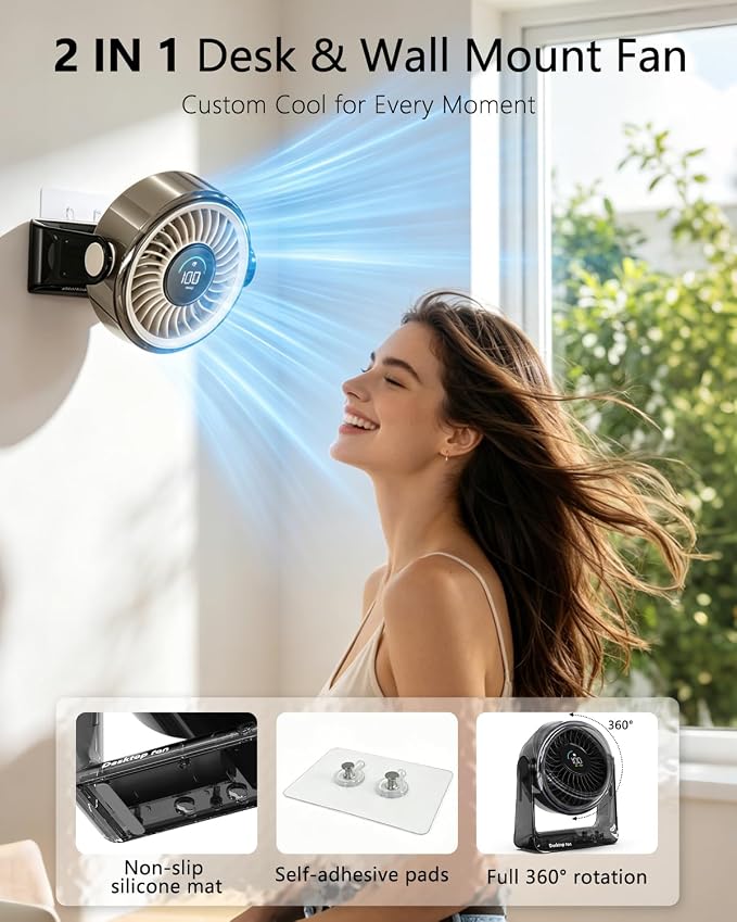Desk Fan USB Rechargeable, Portable Small Desktop Fan with 6 Speeds Digital Display, 360° Rotation Quiet Table Fan, 4000mAh Battery Powered Fan for Bedroom Home Office Travel, White - Image 3