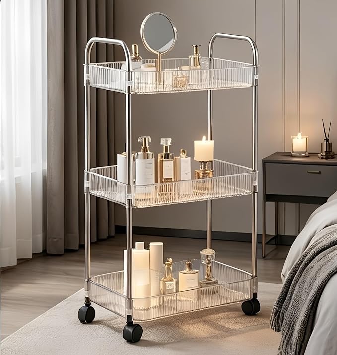 Sooyee Clear 3-Tier Plastic Rolling Utility Cart with Wheels | Multi-Functional Storage Cart Trolley, For Office, Bathroom,Living Room, Kitchen, Movable Storage Organizer - Image 4