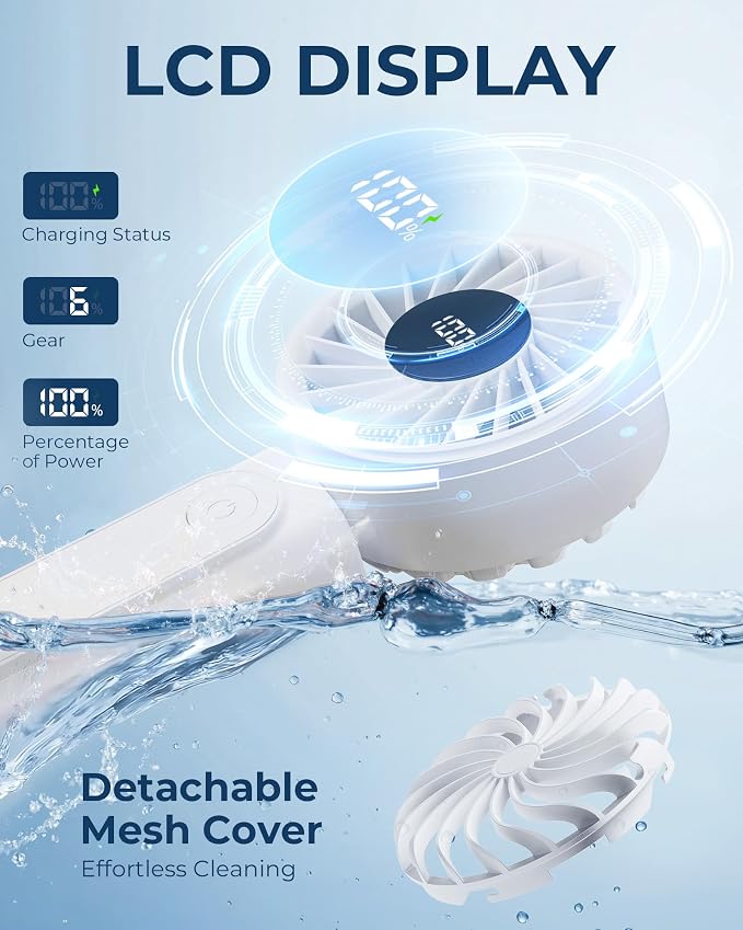 Peiyuu Handheld Portable Fan, 4000mAh USB Rechargeable Personal Fan, 180° Foldable Mini Desk Fan with 6 Wind Speed, LCD Digital Display, Lanyard as Neck Fan, Ultra Quiet - Image 5