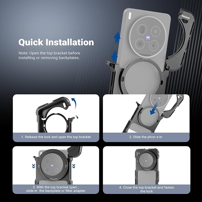 NEEWER X200 Ultra Phone Cage, Quick Release Video Rig Stabilizer for Vlogging Filming Recording with 67mm Filter Ring 17mm Lens Backplate Filter Wrench Compatible with VIVO X200 Ultra, PA146 (Black) - Image 2