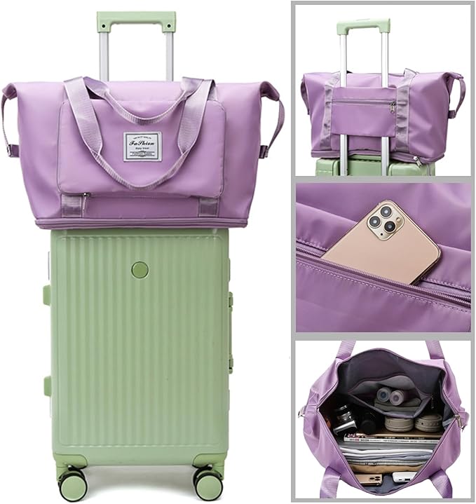 Large Capacity Folding Travel Bag, Lightweight Waterproof Luggage Bag, Expandable Travel Duffel Bag, Dry Wet Separated Gym Tote Bag, Weekender Overnight Bags for Women and Man (Light Purple) - Image 4