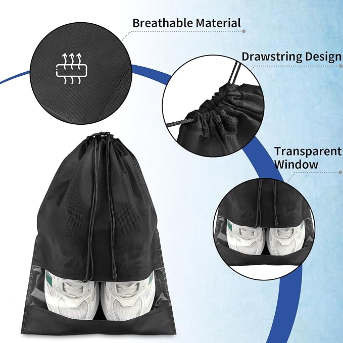 COIDEA 18 Pack Shoe Bags for Travel, Large Travel Shoe Bags for Packing | with Clear Window, Dustproof Drawstring Travel Shoe Storage Bags Travel Essentials for Men & Women, Black - Image 3
