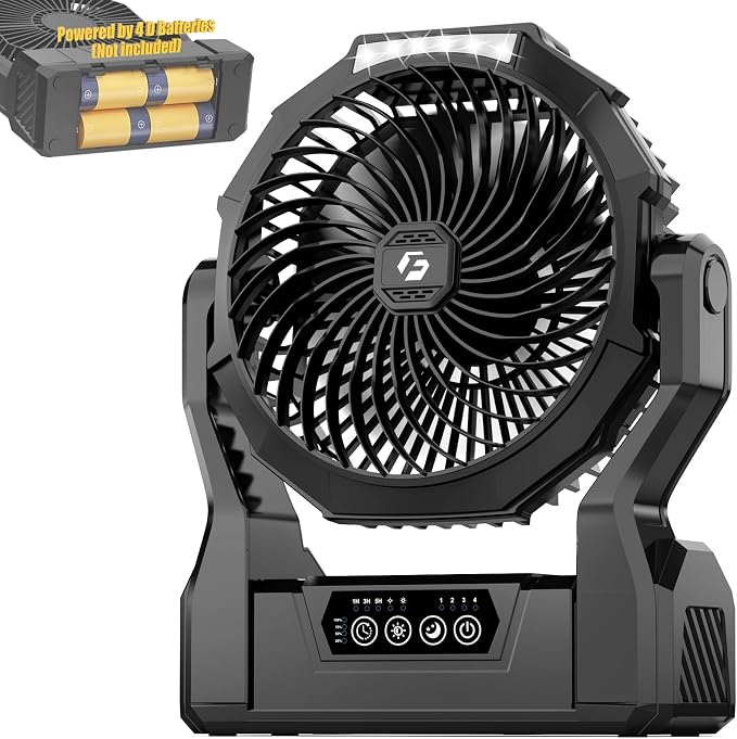 Battery Operated Fan, 2-in-1 D-Cell Battery & USB Powered Portable Fan with 4 Speeds, 3 Timers & 2 Light Modes, Super Long Lasting Camping Fan for Outdoor Tent Travel Picnic Office Bedroom - Black by Unknown