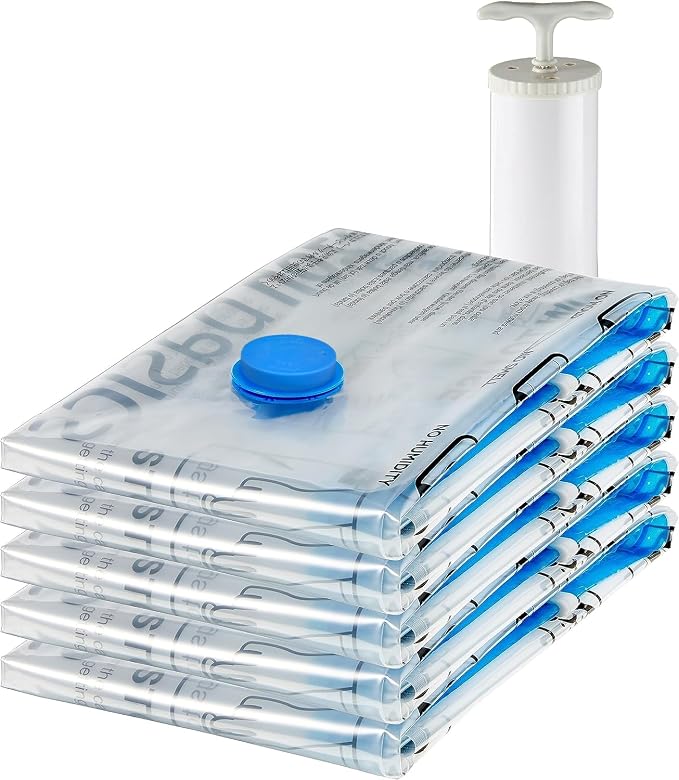 Amazon Basics Vacuum Storage Bags, Compression Space Saving for Clothes and Linens, Reusable with Hand Pump, Large, Clear, 5-Pack by AmazonBasics