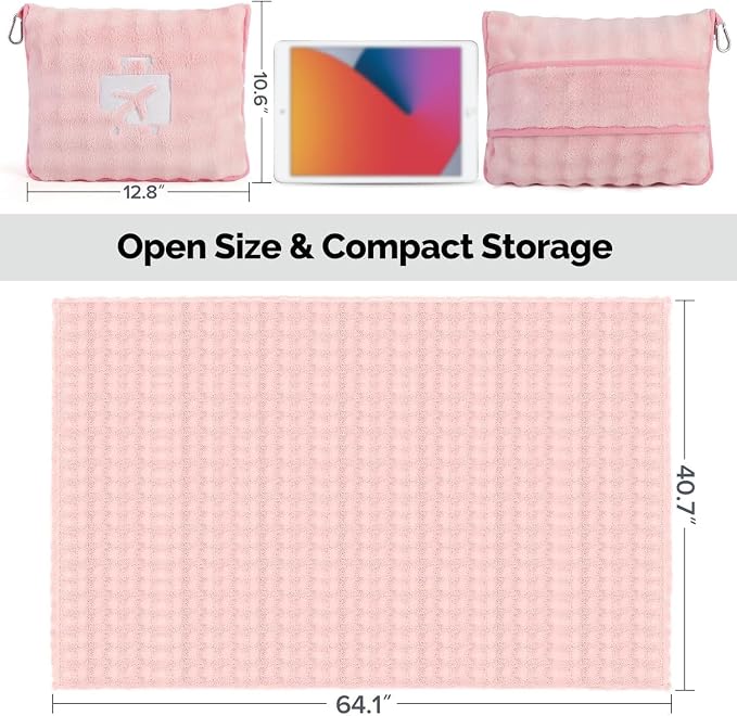 Pink Travel Blanket for Airplane, Portable Soft Flannel with Pouch & Clip | Skin-Friendly Flannel, Lightweight Portable Design with Clip, Hands-Free Carry, Essential Travel Gear for Frequent Flyers - Image 4