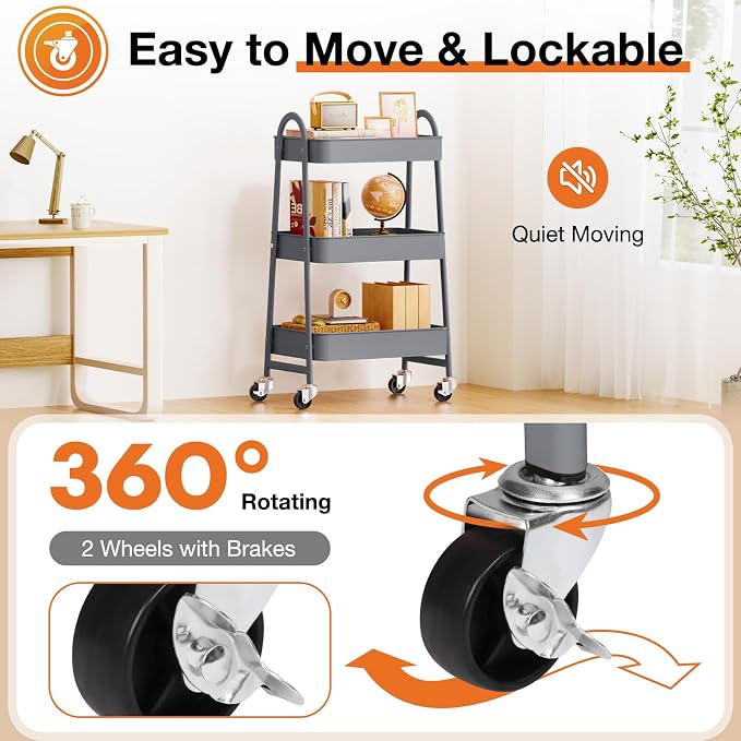 NEWBULIG 3-Tier Metal Rolling Storage Utility Cart with Lockable Wheels | Mobile Organizer Shelf, Space-Saving, Freestanding, Bathroom, Living Room, Slim, Narrow Corner Spaces, Grey - Image 3