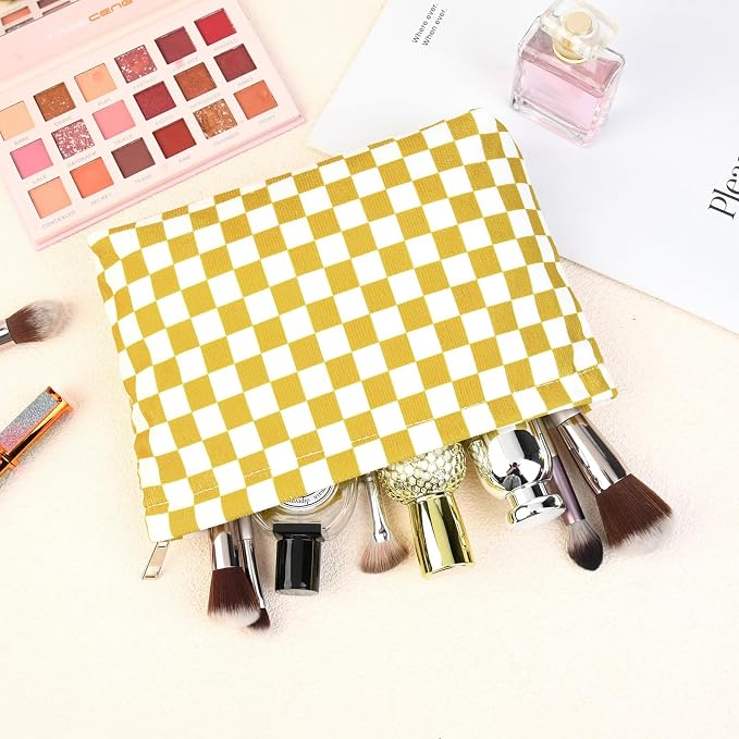 SOIDRAM 2 Pcs Checkered Makeup Bag Large Cosmetic Bag Toiletry Bag Makeup Pouch Travel Bag Organizer Cute Makeup Brushes Aesthetic Accessories Storage Bag for Women Golden Yellow - Image 7