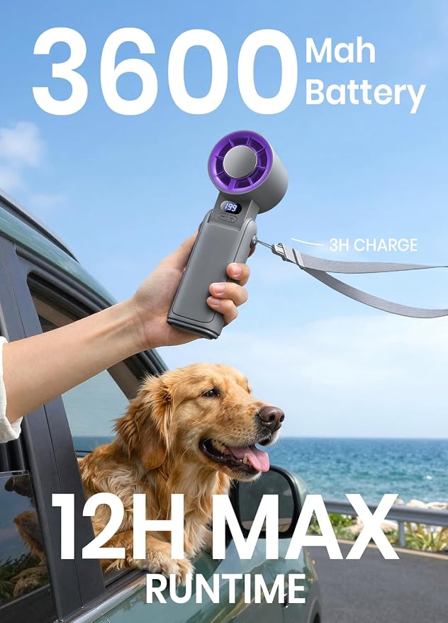 Portable Handheld Turbo Fan, 1-199 Speed Adjustable, Grey Purple | 4 IN 1 Pocket Design with LED Display, High-Power Motor, Rechargeable Battery, Mini Fans for Indoor/Outdoor/Travel/Work - Image 3