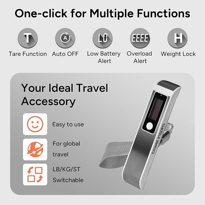 travel inspira Luggage Scale, Portable Digital Hanging Baggage Scale for Travel, Suitcase Weight Scale with Rubber Paint, 110 Pounds, Battery Included - Image 2