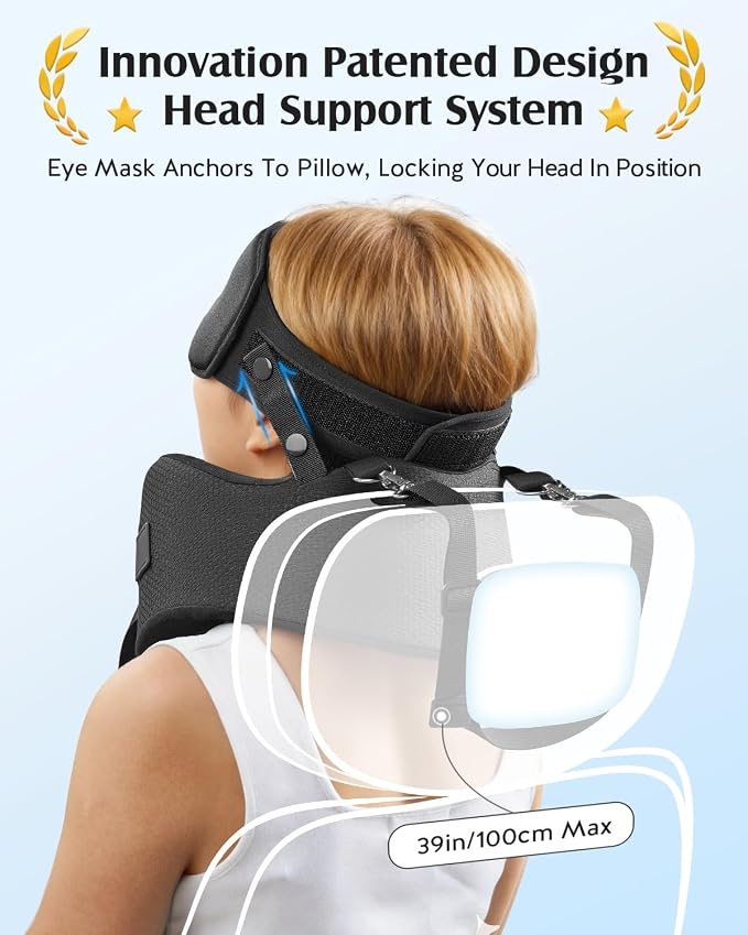 YFONG Travel Pillow with 3D Sleep Mask for Long Flights Airplane, Black | Patented 360° Ergonomic Sleeper Hold Head Support System, Memory Foam Neck Pillow, Prevents Head Bobbing, Adjustable Strap - Image 3
