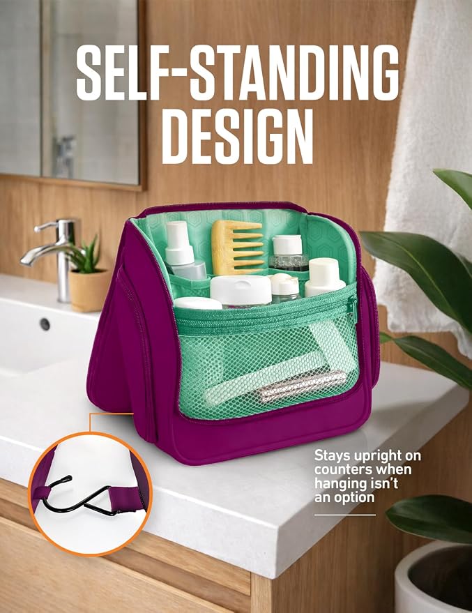 VENTURE 4TH Hanging Travel Toiletry Bag, 18 Compartments - Purple/Mint | Hangs on rails, hooks or doors; stands upright. Removable TSA pouch. Water-resistant Nylon 290D Twill, reinforced stitching. - Image 5