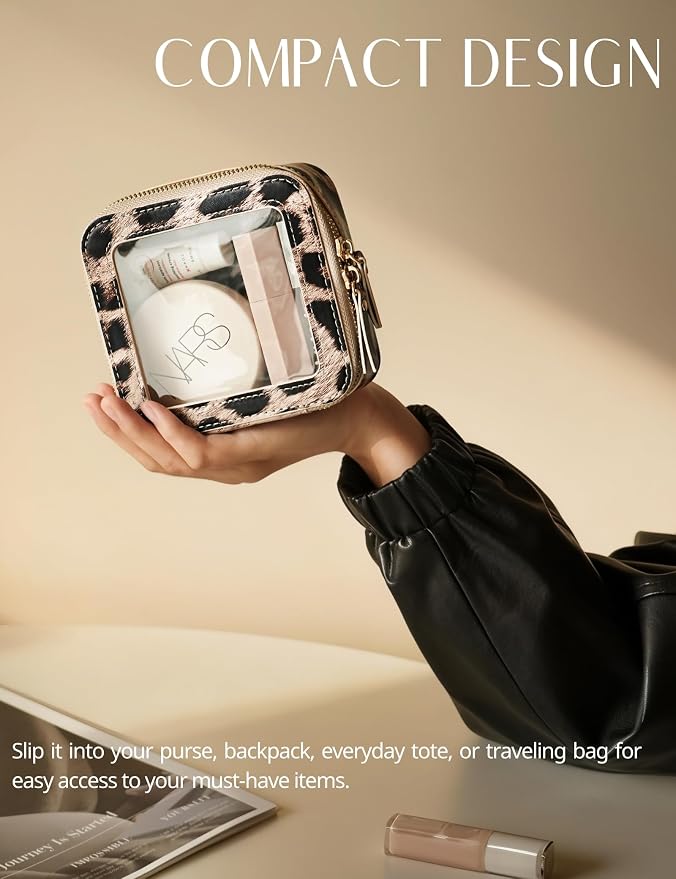 Small Makeup Bag for Purse Accessories Women Clear Cosmetic Mini Pouch Car Essentials Bag Leopard Print Clear Leather Make Up Travel Bag Organizer with Zipper Cute Compact Cheetah Little Toiletry Bag - Image 3