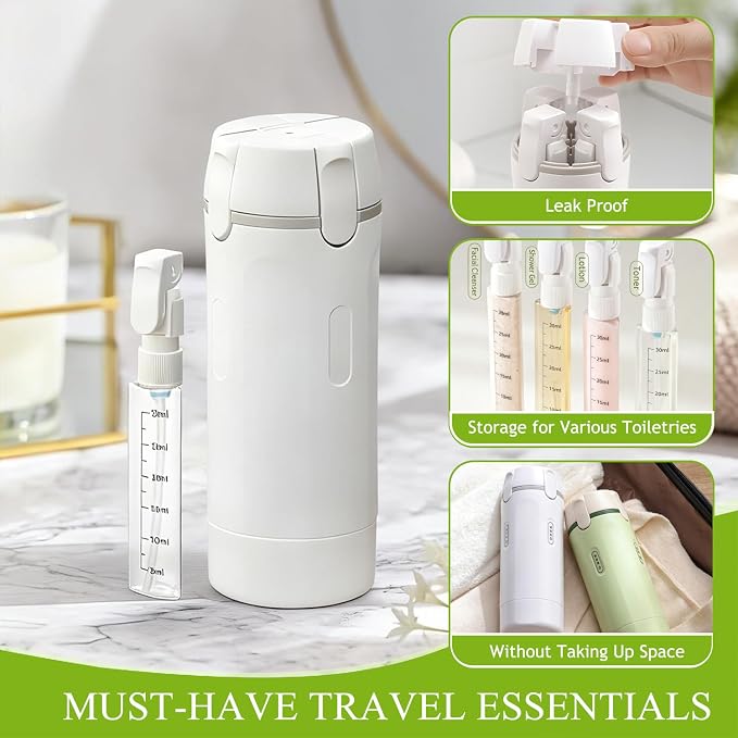 4 in 1 Travel Dispenser Bottle, 4 Pack 30ML Travel Bottles for Toiletries | Refillable, Leak Proof, Portable, for Travel, Camping, Business Trip, for Face Wash, Body Wash, Lotion, Toner (White) - Image 3