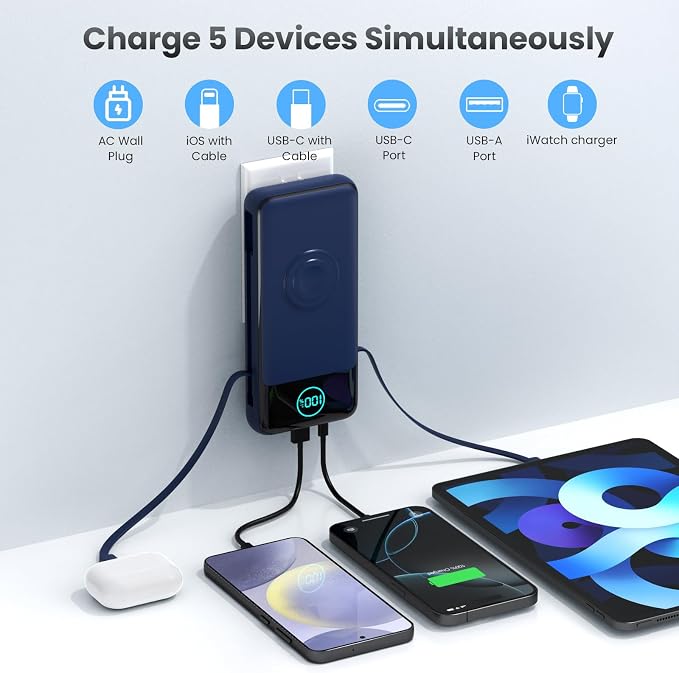 Portable Charger for iPhone with Built-in Cables and AC Wall Plug,26800mah Fast Charging USB C Power Bank,25W PD Travel Essential Battery Pack for iPhone 17/16/15/14/13,Galaxy,Apple Watch (Blue) - Image 4