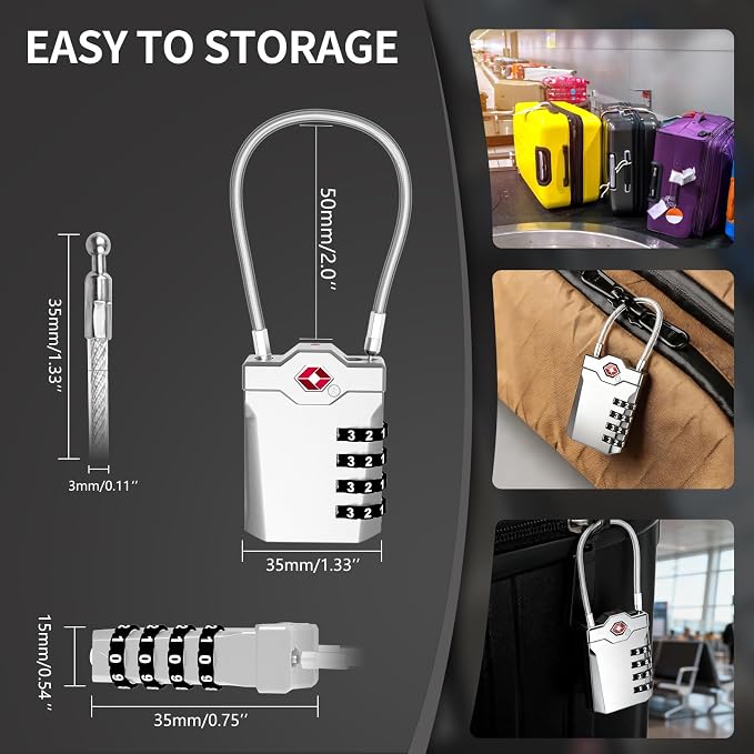 TSA Approved Locks for Luggage, 2 Pack Combination Travel Steel Cable Lock, Re-settable 4 Digit Padlocks with Inspection Indicator, Alloy Body Keyless Padlock for Lockers, Backpacks, Bags - Silver - Image 7