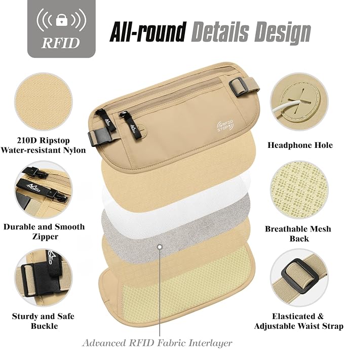 MoKo Travel Money Belt, RFID Blocking Passport Wallet | Slim RFID-blocking money belt has 3 pockets, water-resistant nylon and an adjustable strap for 28-50 in waists - Image 6