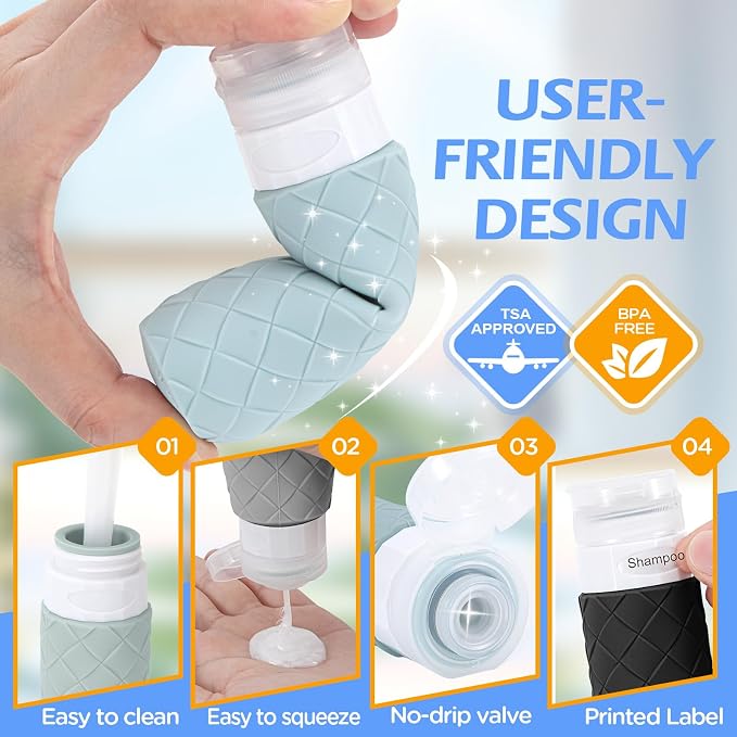16 Pack Travel Bottles for Toiletries, TSA Approved Travel Size Toiletries Containers Set, BPA-Free Silicone Leak Proof Refillable Bottles Stackable Creams Jars Accessories Kit W/Clear Bag(Gray) - Image 4