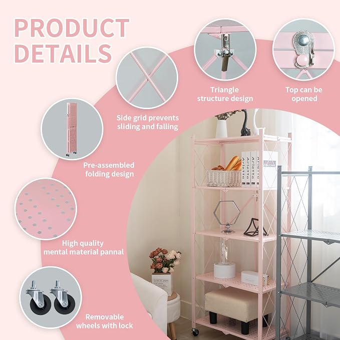 BRIAN & DANY 5-Tier Foldable Storage Shelves with Wheels, Folding Metal Rack Shelving Unit, Heavy Duty No Assembly Organizer Shelf for Garage, Kitchen, Basement, Pantry, Pink - Image 6
