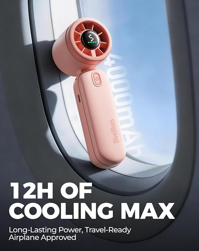 Diveblues Mini Portable Handheld Turbo Fan 27ft/s, 4000mAh Battery | 12H Max Cooling, 5 Speeds, LED Display, Quiet Motor, 3-in-1 Handheld/Neck/Desk Fan for Travel, Cruise & Disney Essentials - Image 6