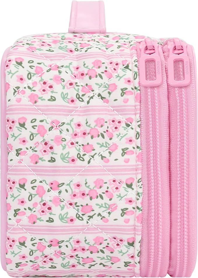 Relavel Cute Makeup Bag for Girls, Portable Pink Cosmetic Bag | Dual-layer Makeup Pouch with Brush Holder, Multi-Functional Preppy Toiletry Organizer for Travel, Daily Use - Pink Flower - Image 8