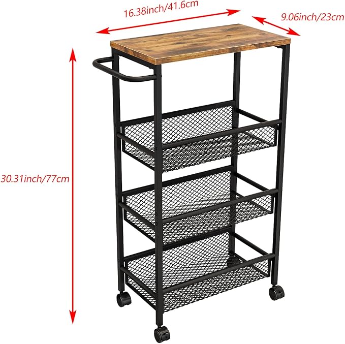 Slim Rolling Cart 4 Tier Narrow Storage Cart on Wheels with Handle | Lockable Wheels, Wood Top Panel, Metal Frame Utility Carts for Kitchen, Dining, Living, Home Office, Laundry Room - Image 7