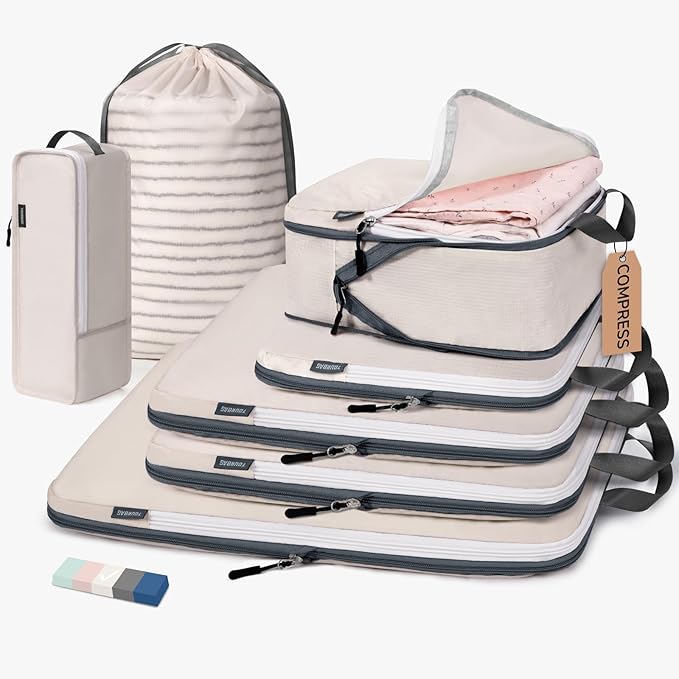 7 Set Packing Cubes for Travel Women, Suitcase Organizer, Beige | Travel Essentials for Suitcase, Luggage Organizer Bags for Travel with Shoe Bag, Travel Bags for Shoes, Clothing by CherryNow