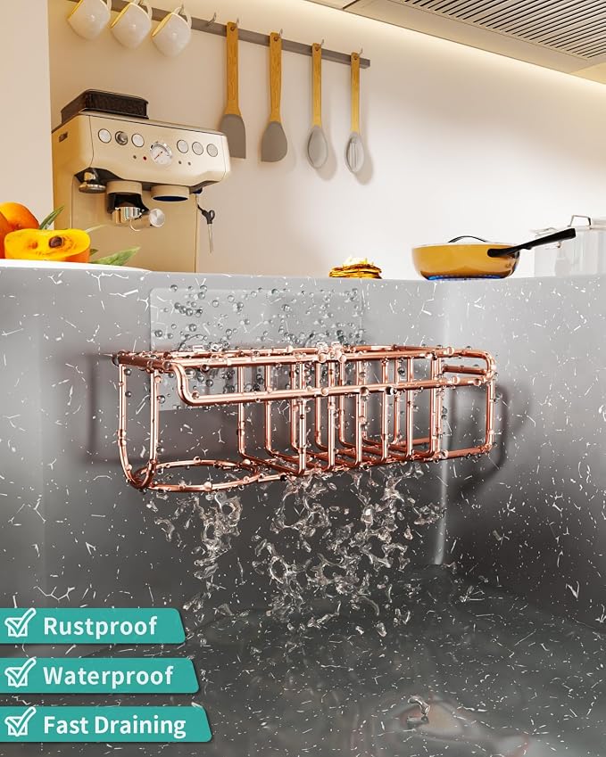 HapiRm Sponge Holder for Kitchen Sink, No Drill Kitchen Sink Caddy Organizer, Rustproof and Waterproof Dish Sponge Holder - Rose Gold - Image 4