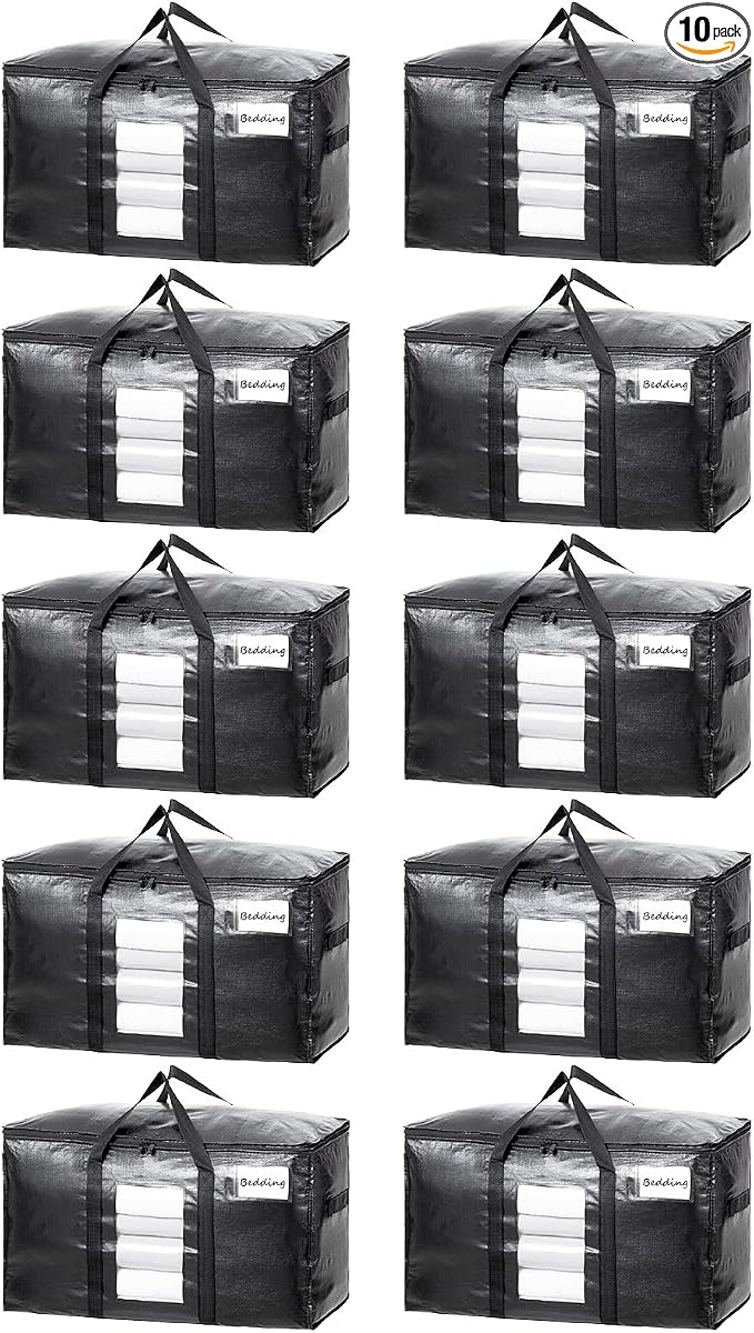 TAILI 10 Pack Black Extra Large Moving Bags,Storage Bag with Visible Window | 93L Heavy Duty Totes For Storage,Wrap Around Handles,Alternative to Moving Boxes, College Dorm,Perfect for Moving by TAILI
