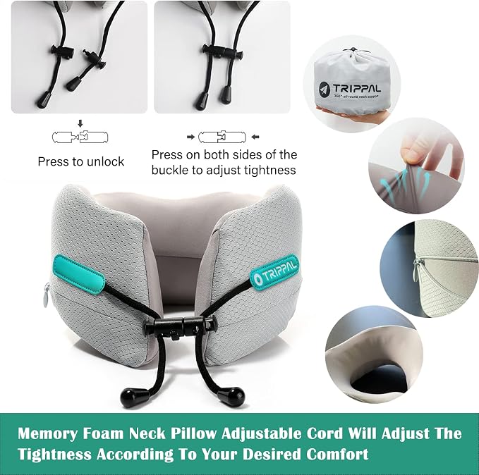GOLDORANGE Neck Pillows for Travel Memory Foam Airplane Pillow Neck Head Support for Adults Car Home Office Sleeping Rest Travel Accessories Gray M - Image 3