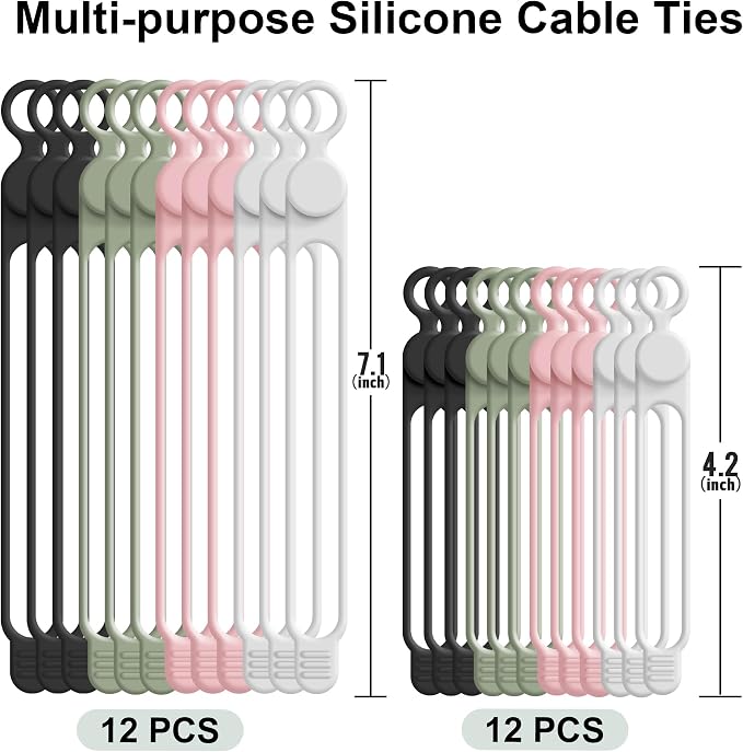 24Pcs Silicone Cable Ties, Cord Organizer Cable Management-2Sizes | Reusable Cord Ties for Electronics, Office Desk Accessories, Home Travel Essentials, Easy to Use, 4.2" and 7.1"-4 Colors - Image 6
