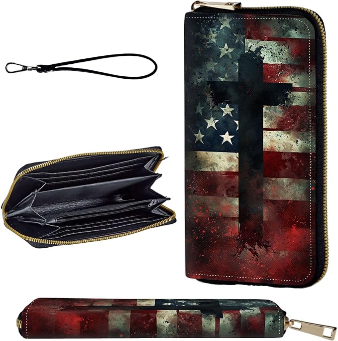 Wallet,Leather Long Wallet Suitable For Ladies And Teenagers - Detachable Wristband + RFID Travel Wallet With Card Slot - American Flag Cross by Unknown