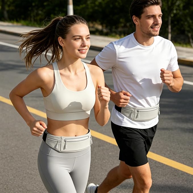 Slim Running Belt for Women Men,Phone Holder Waist Pack,Runners Fanny Pack | No-Bounce,Sweat-Proof Pocket,Travel Money Pouch for Gym/Hiking/Cycling,Three pocket,Two Highly Reflective Strips - Image 2