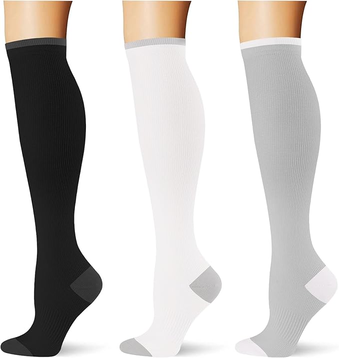 (3 pairs) Compression Socks 20-30 mmHg Long Knee High Socks for Women Men Support Athletic Travel Daily Wear by Saniripple