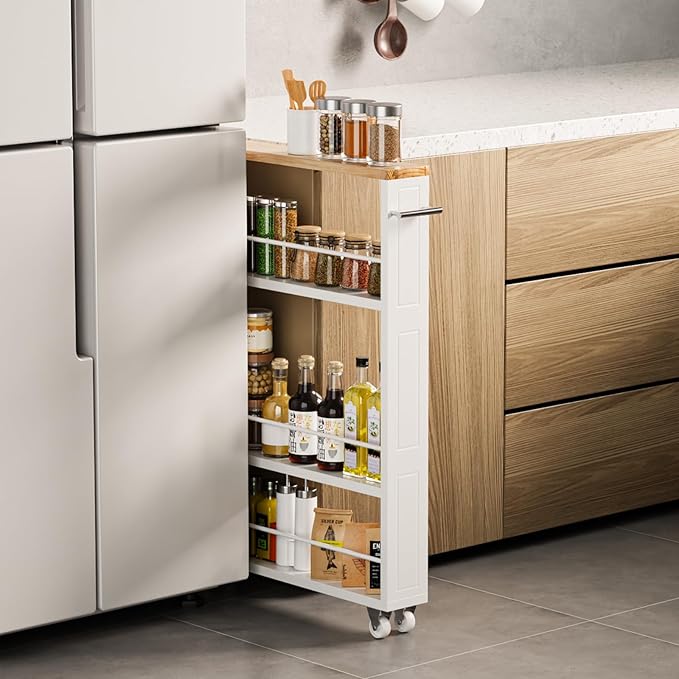 KLM 4 Tier White Slim Storage Cart with Handle, Slide Out Storage Rolling Utility Cart for Kitchen, Laundry, Narrow Places by KLM
